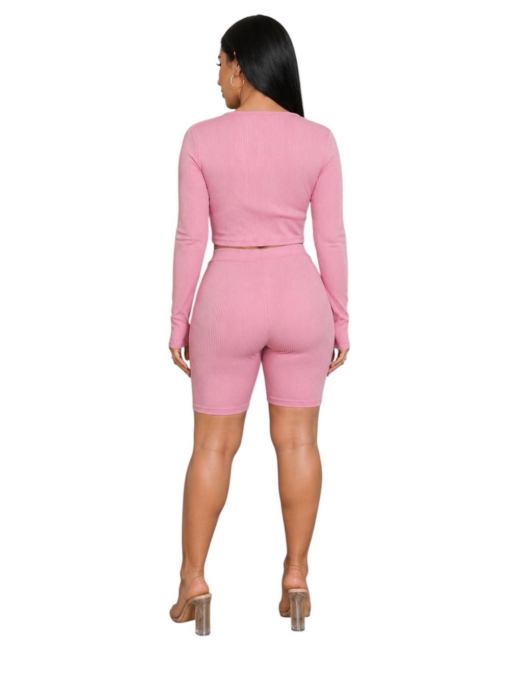 Pink Ribbed Two-Piece Zip Front Lounge Set - Picture 5 of 8